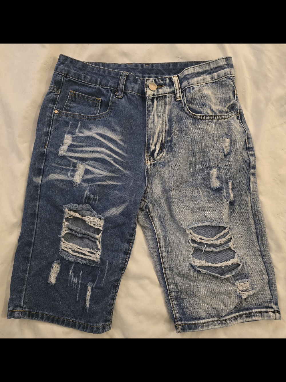 Men's Two-Tone Distressed Jean Shorts - Blue